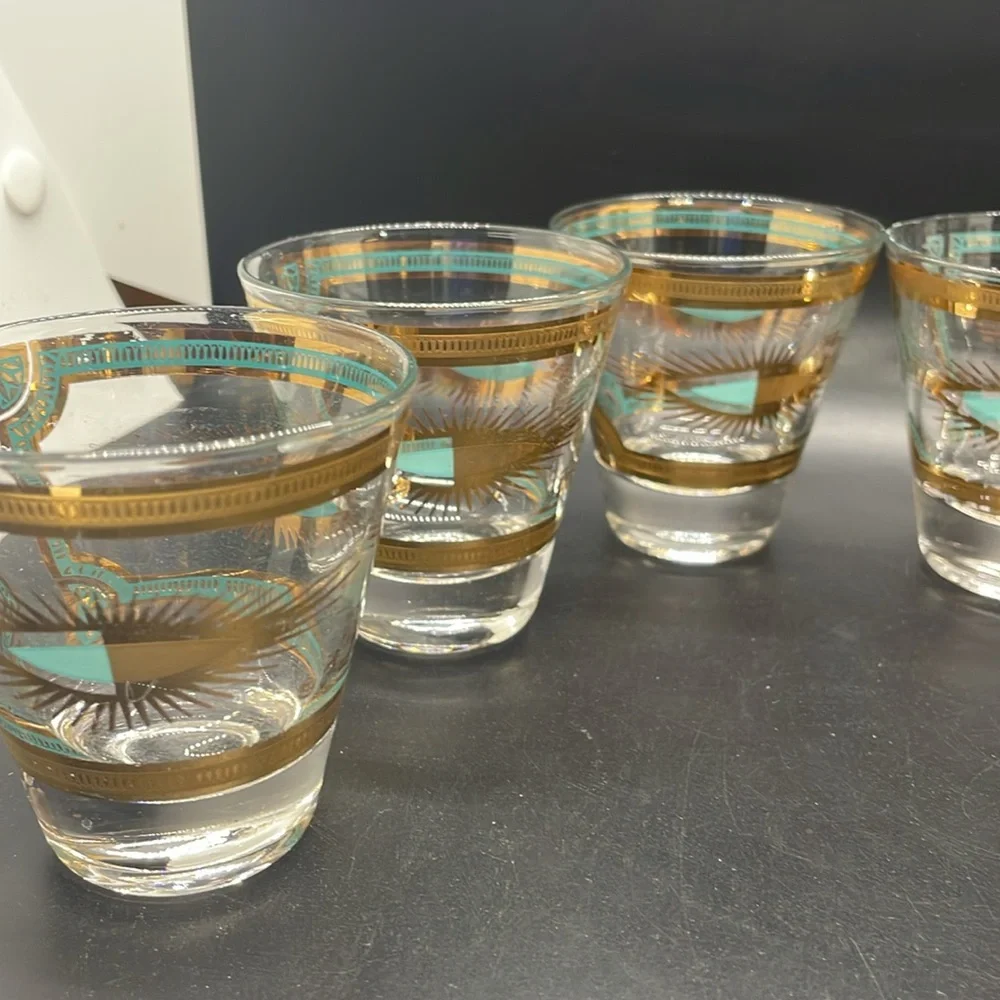 Vintage 60’s Fred Press Trojan Horse 22k Gold Turquoise 8 Pc MCM Barware Set